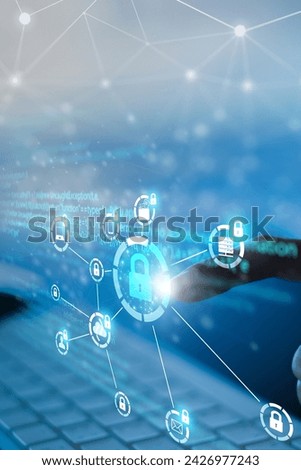 Similar – Image, Stock Photo Cyber security threat. Young woman using computer and coding. Internet and network security. Stealing private information. Person using technology to steal password and private data