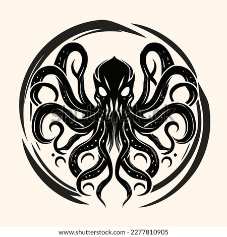 Black and White Cthulhu,Kraken Silhouette Ornament Vector Art for Logo and Icon