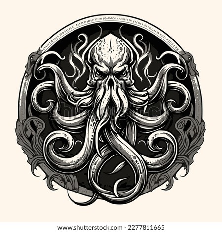 Black and White Cthulhu,Kraken Silhouette Ornament Vector Art for Logo and Icon