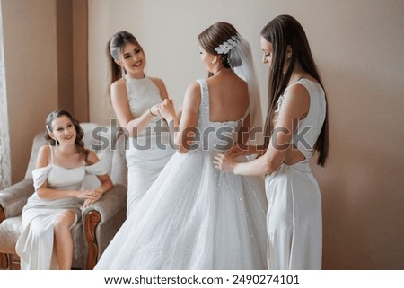 Similar – Image, Stock Photo elegant bride with bridesmaids in the wedding morning preparation. Beautiful bride is dressed up an elegant wedding robe, bridesmaids in grey dresses