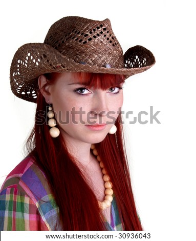 Red Head Girl In A Cowboy Hat And Colorful Shirt, Isolated On White ...