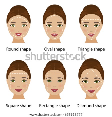 Set of different types of woman face shapes as oval, square, round, diamond, rectangle, triangle. Types of face for makeup, glasses and fashion style. Vector