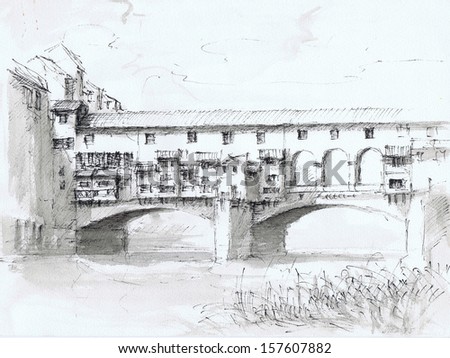 Ponte Vecchio, historical Bridge in Florence, hand drawing with pen, brush and watercolor, Indian ink, Washed Indian ink,