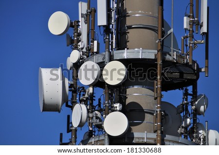 wireless technical equipment on a transmitter mast. platform with the devices in eye level, no worm\'s-eye view