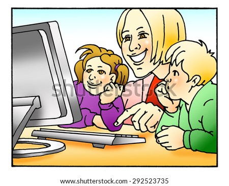 Mother or teacher with children at the computer, colored version