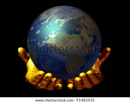 golden pair of hands carry the world, ecological protection for Mother Earth