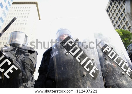 TORONTO-JUNE 25: Police in Riot gear during the G20 Protest on June 25, 2010 in Toronto, Canada.