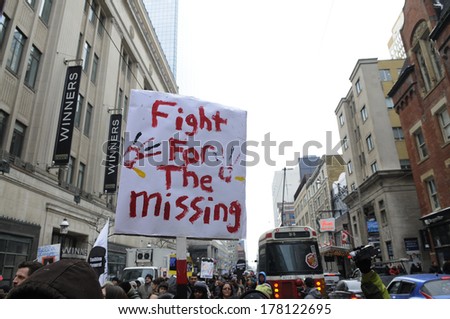 TORONTO-FEBRUARY 14:A banner asking to fight for first nation rights during the 9th Annual Strawberry Ceremony to remember the missing and Murdered Indigenous Women February 14 ,2014 in Toronto,Canada