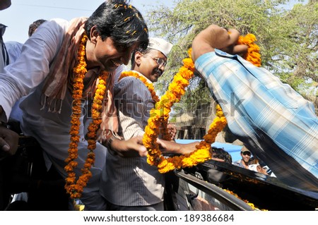 AMETHI - APRIL 20:  Dr. Kumar Viswas being garlanded  during a road show in support of his  candidature   on April 20, 2014 in Amethi ,India.