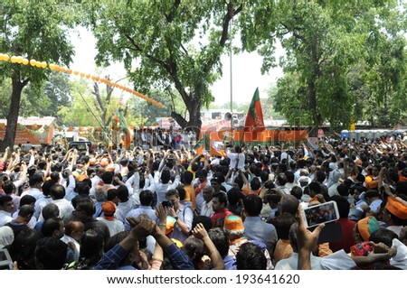 NEW DELHI-MAY 17: Senior BJP leaders addressing their supporters after wining the Indian National election on May 17, 2014 in New Delhi , India.
