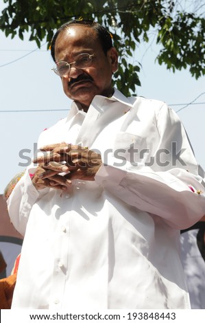NEW DELHI-MAY 16:  Venkaiah Naidu -Former BJP party president standing on the podium  after BJP won the historic  Indian National election on May 16, 2014 in New Delhi , India.