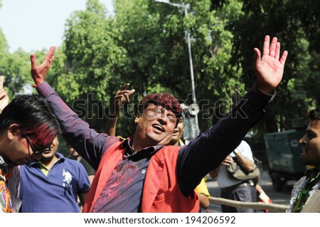 NEW DELHI-MAY 16: BJP supporters in a joyous mood  in front of party headquarter after BJP won the Indian National election on May 16, 2014 in New Delhi , India.