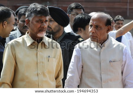 NEW DELHI-MAY 20: Rajnath Singh and Chandrababu Naidu coming out of  Rashtrapati Bhavan to attend  a press conference on May 20, 2014 in New Delhi , India.