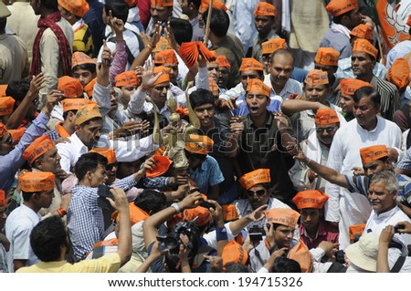 VARANASI - MAY  8: BJP supporters  of all ages screaming and shouting during a protest rally on May  8, 2014 in Varanasi , India.
