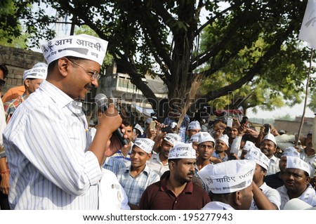 VARANASI - MAY  4 : Arvind kejriwal  speaking to a waiting crowd during a political meeting on May 4 , 2014 in Varanasi , India.
