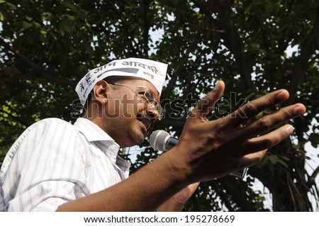 VARANASI - MAY  4 : Arvind kejriwal  speacking to his supporter during a political meeting on May 4 , 2014 in Varanasi , India.