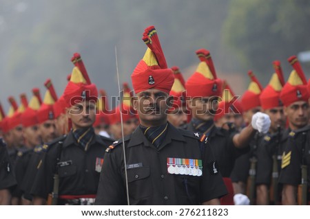 KOLKATA -JANUARY 19 :  Soldiers of the Jat Regiment - an infantry regiment of the Indian Army practicing during the Republic Day Parade preparation on January 19, 2015 in Kolkata, India.