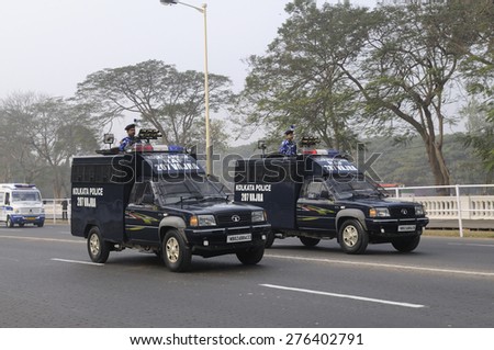 KOLKATA - JANUARY 19 : Armoured vehicles of Kolkata Police on display during the Republic Day Parade preparation on January 19, 2015 in Kolkata, India.