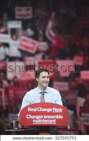 BRAMPTON - OCTOBER 4 :Justin Trudeau smiling while delivering a speech during an election rally of the Liberal Party of Canada on October 4, 2015 in Brampton, Canada.