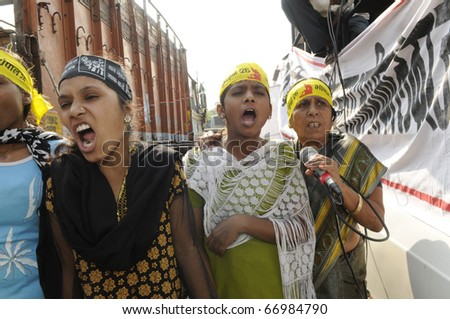 BHOPAL- DECEMBER 3: 2004 Goldman Prize winner  Champa Devi Shukla (R) during the rally to mark the 26th year of Bhopal Gas Disaster, in Bhopal - India on December 3, 2010.