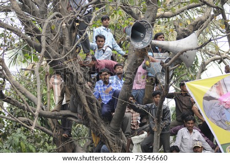 KOLKATA - FEBRUARY 20: Supporters of All India Trinamool Congress climbed a tree to see the speakers during a rally organized to kick the 2011 election champagne, in Kolkata, India on February 20,2011.