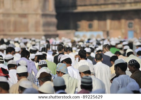 BHOPAL - NOVEMBER 16:  Followers of Muslim religion during the prayer which marks the end of Ramadan month at Taj-ul-Masajid on October 16, 2011 in Bhopal, India.