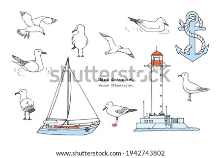 

Hand drawn summer sea print. Marine pattern in cartoon style. Set of gull, seabird, flying seagull , lighthouse, anchor, yacht illustration.  Isolated doodle vector illustration set.  Sail, ocean Stock foto © 