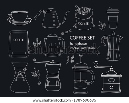 Hand drawn vector coffee set. Сhalk Sketch coffee maker, french press, cup, tea, grinder, kettle, moka pot. Blackboard Cafe menu design, shop. Doodle coffee to go icon, coffee house logo. Illustration