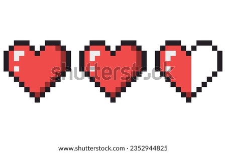 Life point pixel. Three pixel hearts. The health bar in the video game. Design elements for video games. Vector clipart isolated on transparent background.
