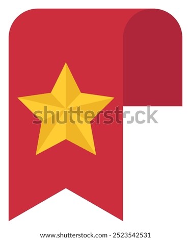 Red badge with white star in flat vector illustration isolated on white background.