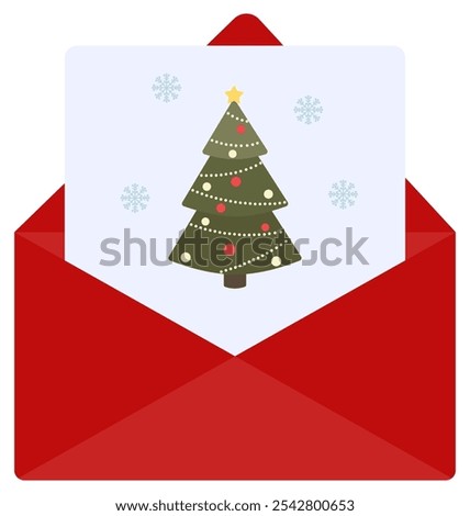 Flat icon of christmas greeting card in red open envelope isolated on white background.