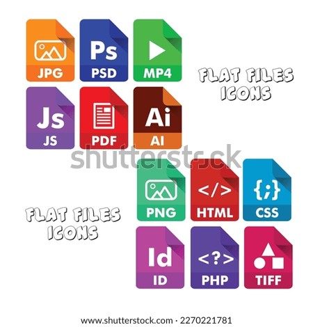 Flat files icons in Vector format - JPG, PDF, Ai, PSD, HTML, CSS, ID, TIFF, Mp4, PNG