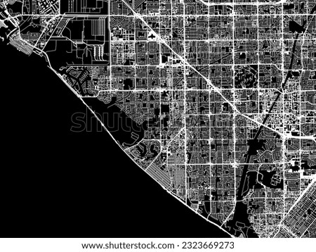 Vector city map of Huntington Beach California in the United States of America with white roads isolated on a black background.
