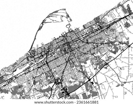 Greyscale vector city map of Erie Pennsylvania in the United States of America with with water, fields and parks, and roads on a white background.