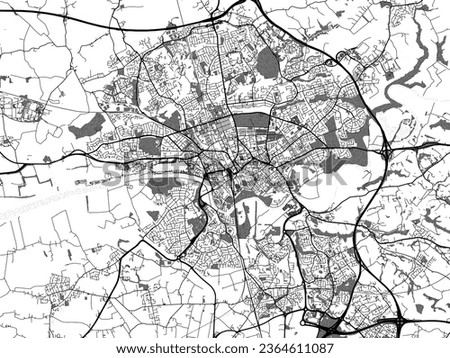 Greyscale vector city map of Preston in the United Kingdom with with water, fields and parks, and roads on a white background.