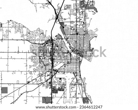 Greyscale vector city map of Oshkosh Wisconsin in the United States of America with with water, fields and parks, and roads on a white background.