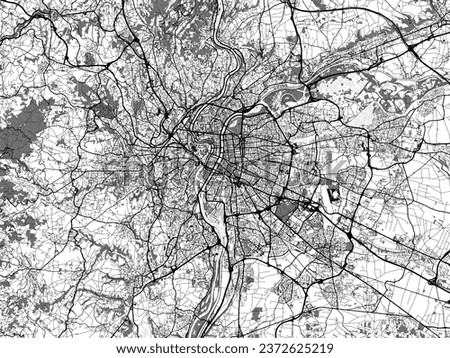 Greyscale vector city map of Lyon Metropole in France with with water, fields and parks, and roads on a white background.