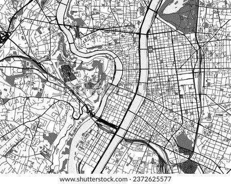 Greyscale vector city map of Lyon in France with with water, fields and parks, and roads on a white background.