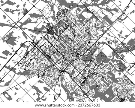 Greyscale vector city map of Guelph Ontario in Canada with with water, fields and parks, and roads on a white background.