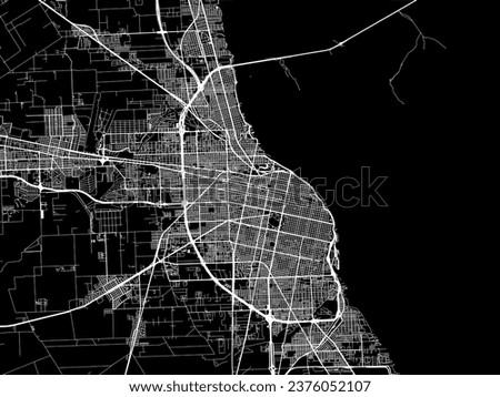 Vector city map of Rosario in Argentina with white roads isolated on a black background.