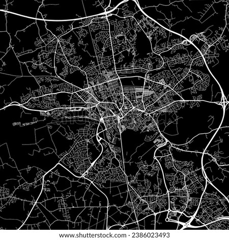 1:1 square aspect ratio vector road map of the city of Preston in the United Kingdom with white roads on a black background.