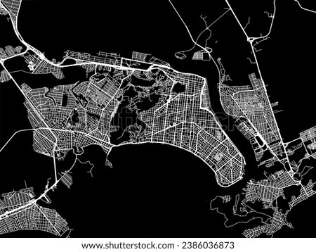 Vector city map of Santos in Brazil with white roads isolated on a black background.