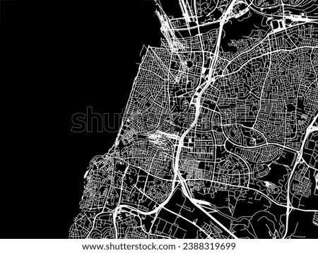 Vector city map of Tel Aviv in Israel with white roads isolated on a black background.