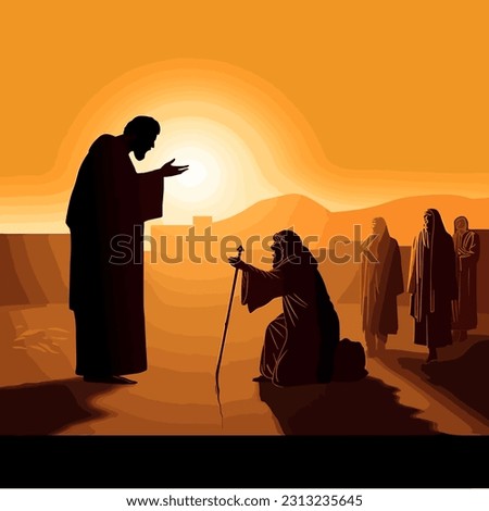 Jesus heals blind man golden hour silhouette vector illustration