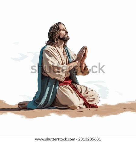 Jesus kneeling praying vector illustration, watercolor