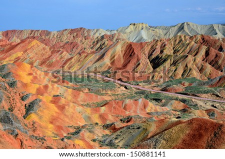 ZHANGYE, CHINA -Â?Â? JULY 27:  Danxia landform on July 27, 2013 in Zhangye, China. Danxia landform is formed from red sandstones and conglomerates of largely Cretaceous age.