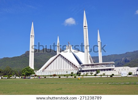 ISLAMABAD - APRIL 2 2015: Shah Faisal Mosque was completed in 1986 and was the largest mosque in the world until 1993.It is shaped like a desert Bedouin\'s tent.