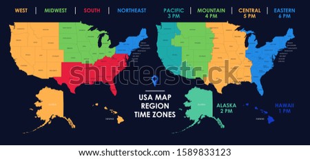 Detailed map of US regions and time zones, Colorful infographics of the United States of America, vector illustration