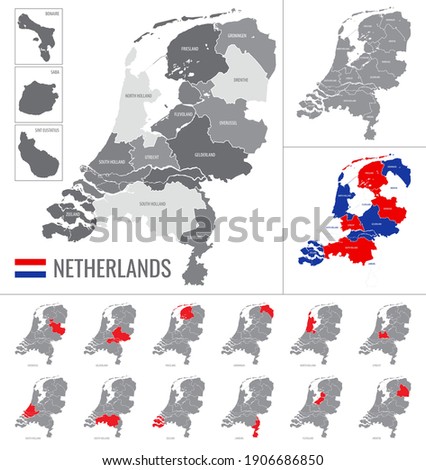 Detailed vector map of regions of Netherlands with flag