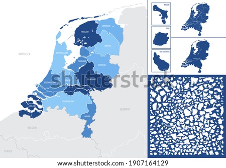 Detailed blue map of Netherlands with administrative divisions into regions, vector illustration